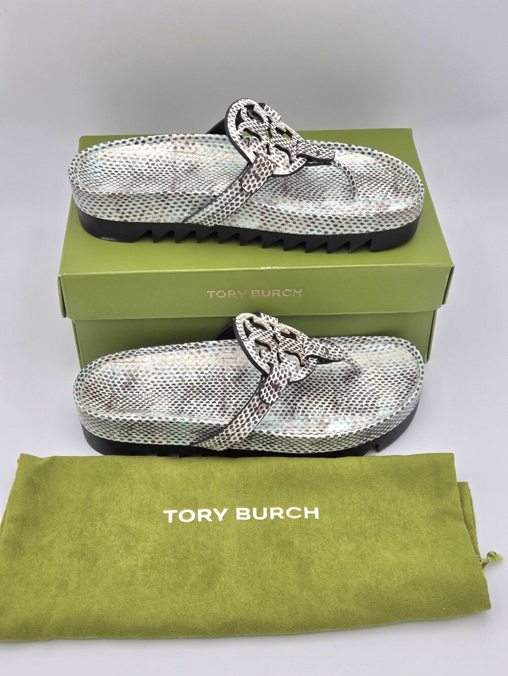 Tory Burch Miller Cloud Lug Sandals in Seaside Roccia/Perfect Black snakeskin